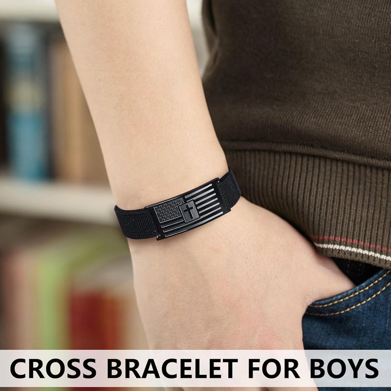 LDOWWGL Valentines Day Gifts - Mens Bracelet - American Flag Christian Cross Bracelet for Boys - Adjustable Black Elastic Stretch Strap with Bible Verse - Gift for Son Grandson - Image 2